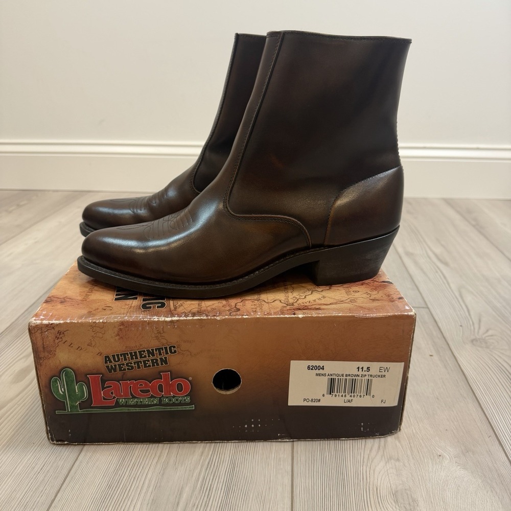 NEW Laredo Men 11.5 EW Antique Brown Leather Western Side-zip Cowboy Boots 62004